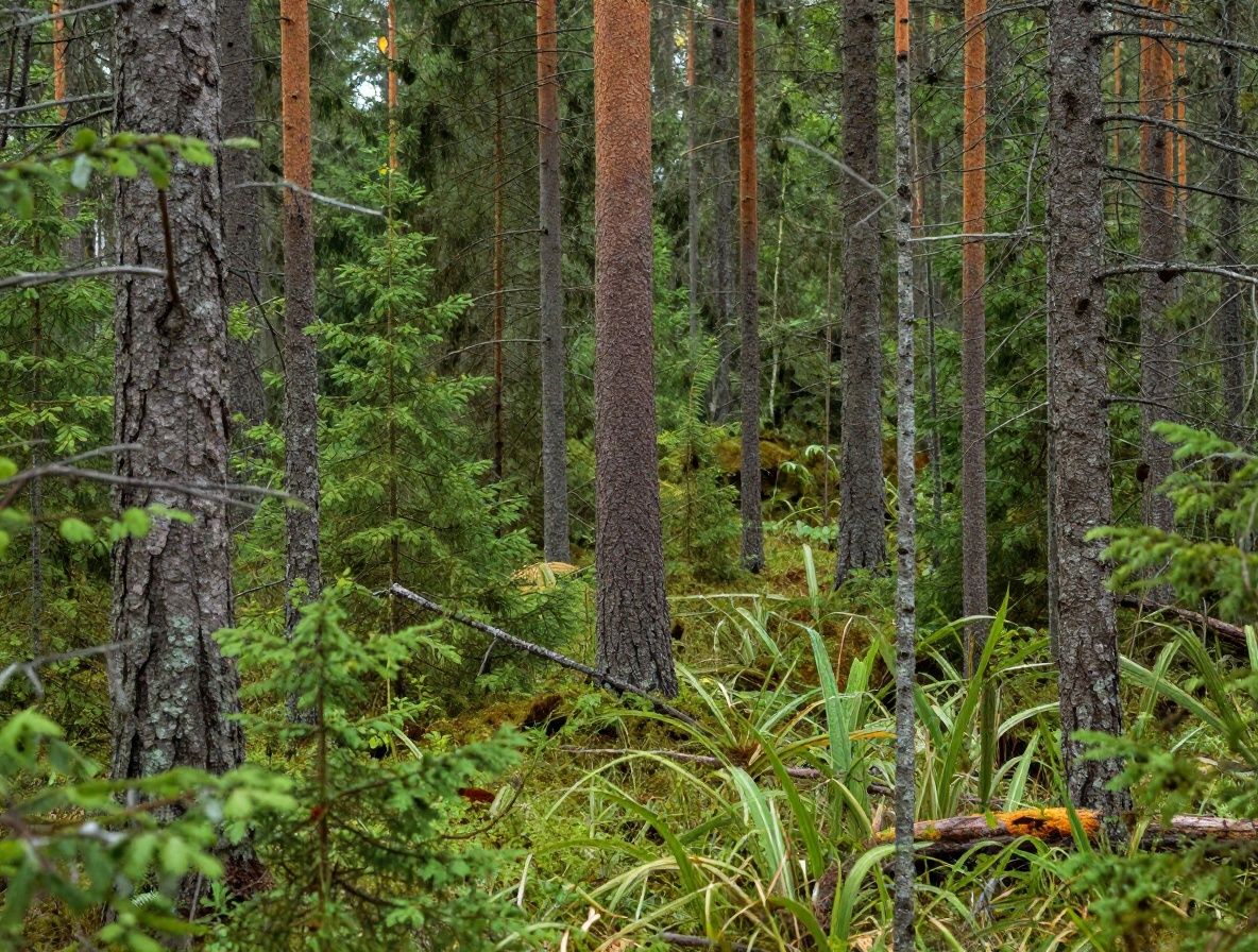 Rauhallinen metsäpolku aamuvaloissa, vihreät puut reunustavat tietä ja auringonsäteet suodattuvat lehtien läpi
