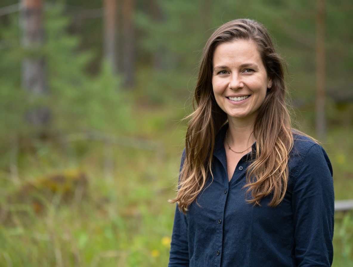 Keski-ikäinen suomalainen nainen hymyilee rauhallisesti ulkona luonnossa, taustalla vihreä maisema