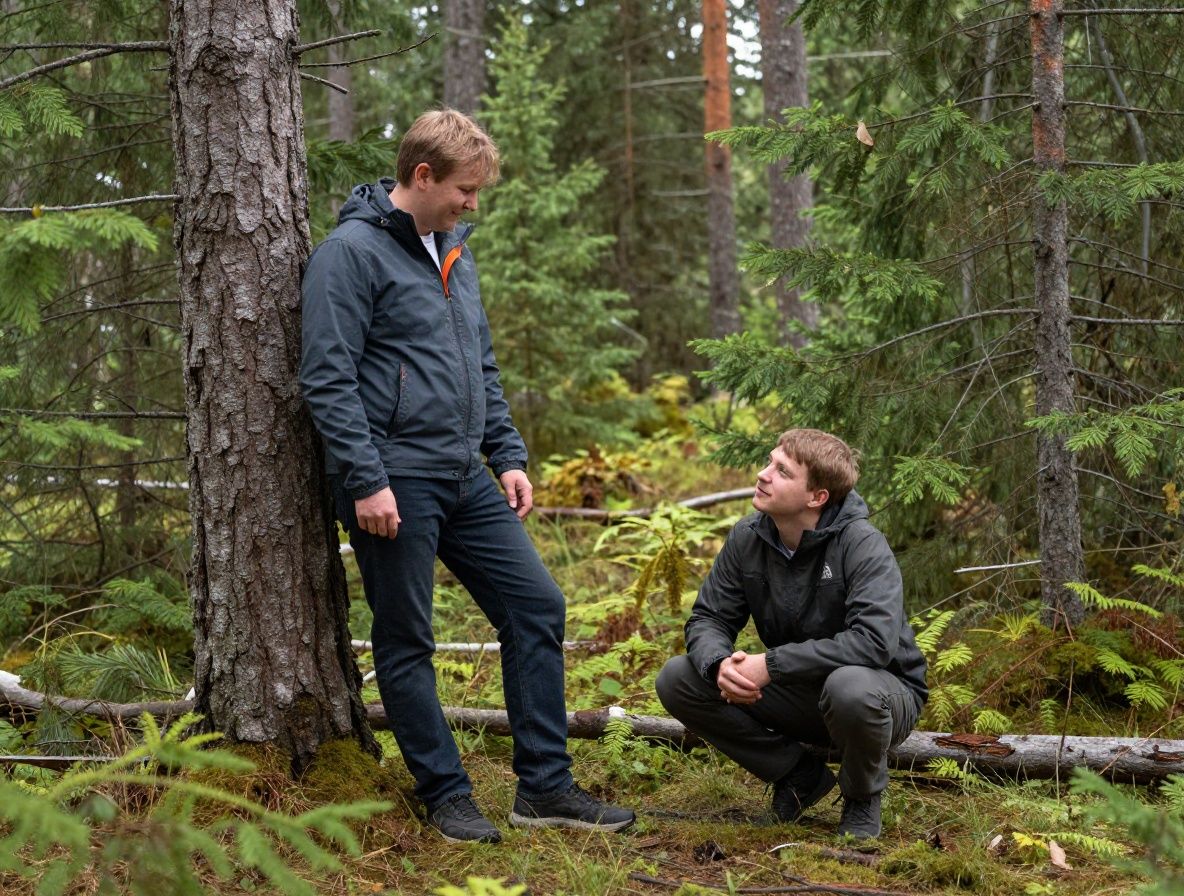 Noin 45-vuotias mies kävelemässä metsässä syksyllä, rauhalliset kasvot ja luontainen asento