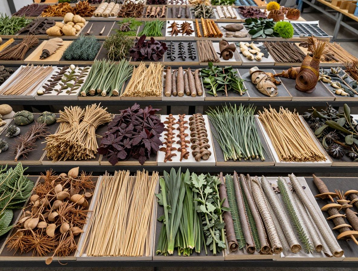 Vanha kirja avattuna kasvitieteellisillä piirroksilla, ympärillä kuivattuja yrttejä ja kasveja, lämmin tunnelma puisella pöydällä