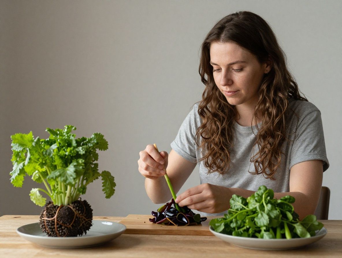 Vanhempi nainen keittiössä valmistelemassa tuoreita kasviksia, tyytyväinen ja rauhallinen ilmapiiri